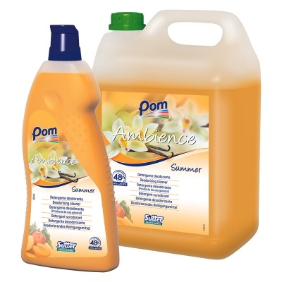 Frascos de detergente pom Ambience Summer com etiquetas coloridas e tampas azul e verde