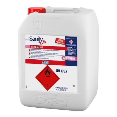 Recipiente branco plástico de álcool de 76% com tampa vermelha e etiqueta com informações de segurança.