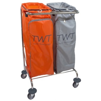 Carrinho de limpeza com duas bolsas de tecido, laranja e cinzenta, com texto TWT Tools Technology