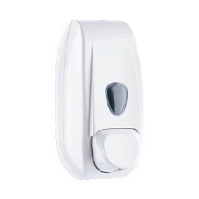 Doseador de parede branco em plástico com botão redondo e visor oval escuro.