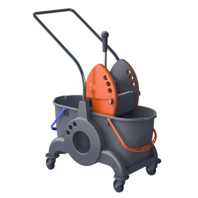 Carrinho de limpeza cinza com alça preta e espremedor laranja