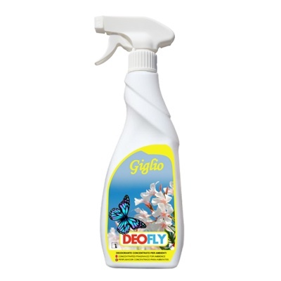 Frasco pulverizador branco DEOFLY com rótulo colorido e ilustração de borboleta e flores.