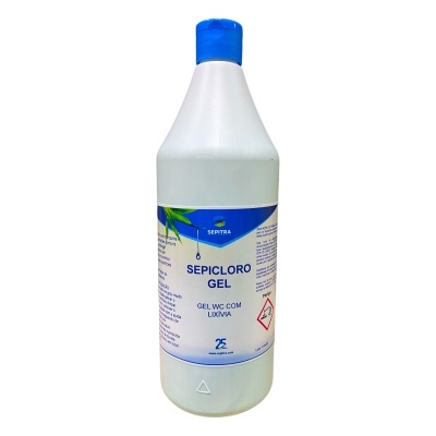 Frasco branco de plástico com tampa azul e rótulo azul e branco de SEPICLORO GEL