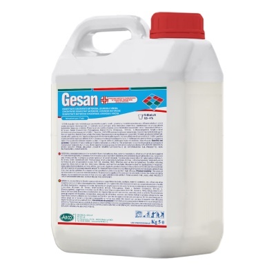Recipiente de plástico branco com tampa vermelha e etiqueta do produto Gesan