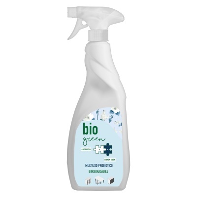 Frasco branco de spray com rótulo azul claro bio green multiuso probiótico biodegradável