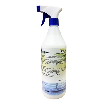 frasco de spray branco com pulverizador azul e branco e rótulo com texto