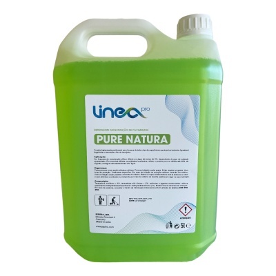 Recipiente de plástico verde translúcido de 5 litros com rótulo 'linea pro PURE NATURA'