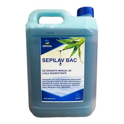 Recipiente azul de detergente manual SEPILAV BAC com rótulo azul e branco