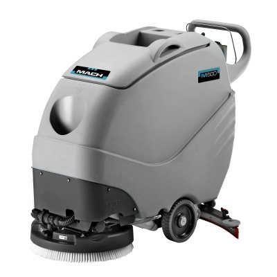 Máquina de limpeza de chão cinza com escova circular branca e texto MACH e MS200
