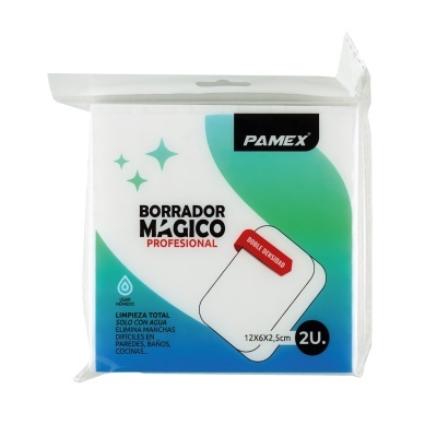 Pacote com 2 borrachas mágicas profissionais PAMEX para limpeza, embalagem transparente com design verde e azul