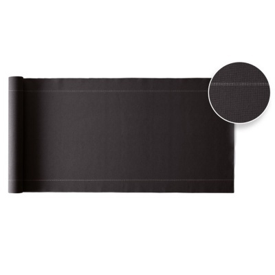 Tapete tecido preto com costura branca e detalhe ampliado do tecido