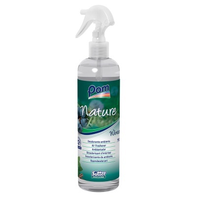 Frasco transparente com pulverizador branco e etiqueta verde Pom Nature desodorizante ambiente