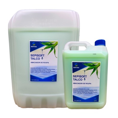 Duas embalagens de amaciador de roupa SEPISOFT TALCO em plástico verde claro com rótulos azuis e brancos