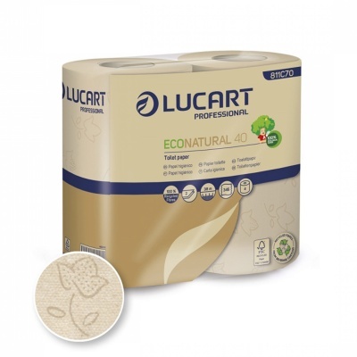 Pacote de papel higiénico Lucart Professional Econatural 40 com quatro rolos e padrão de flores