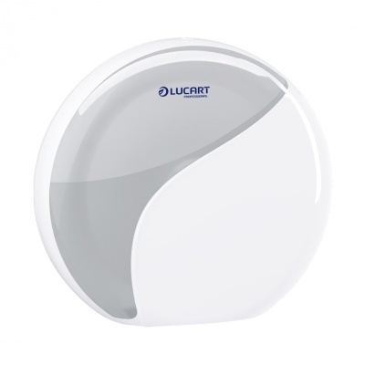 Distribuidor de papel higiénico branco e cinza com texto azul LUCART PROFESSIONAL