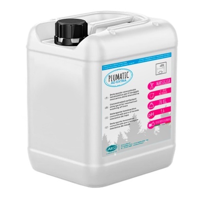 Galão plástico branco com etiqueta azul e rosa e tampa preta