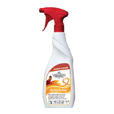 Frasco de spray de limpeza branco com pulverizador vermelho e etiqueta laranja com texto