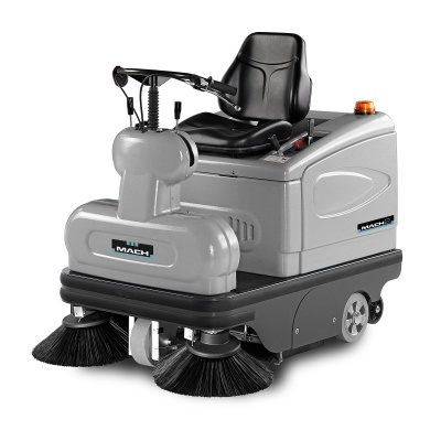 máquina de limpeza industrial cinza com assento preto e escovas frontais circulares