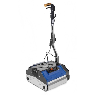 Máquina de limpeza robótica azul e preta com cabo e punho amarelo