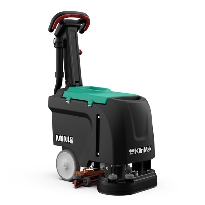 Máquina de limpeza industrial preta e verde com rodas e cabo