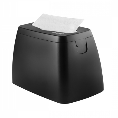Dispensador preto de guardanapos com guardanapo branco saindo