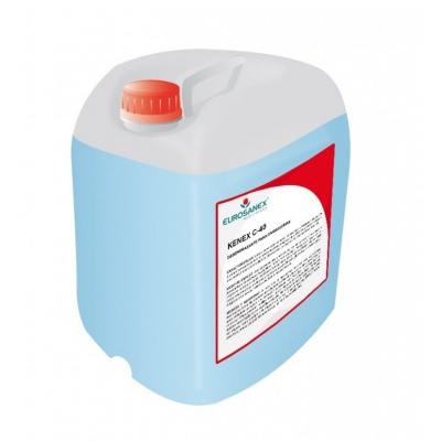 Recipiente azul claro com tampa laranja e rótulo branco e vermelho