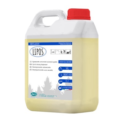 Bidão plástico branco com líquido amarelo e tampa vermelha, etiqueta com texto LIPOS e instruções
