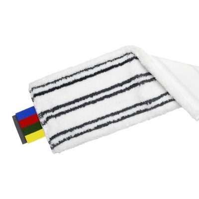 Pano de microfibra branco com riscas pretas e etiquetas coloridas