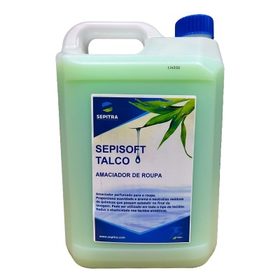 Garrafão de plástico verde translúcido com tampa azul contendo amaciador de roupa Sepisoft Talco