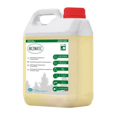 Recipiente plástico com detergente líquido amarelo e etiqueta ARCOMATIC