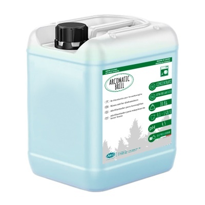 Recipiente plástico azul claro com tampa preta e etiqueta branca e verde do produto Arromatic Brill