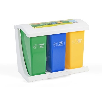 Contentores recicláveis coloridos em estrutura branca para vidro, papel e plástico metal