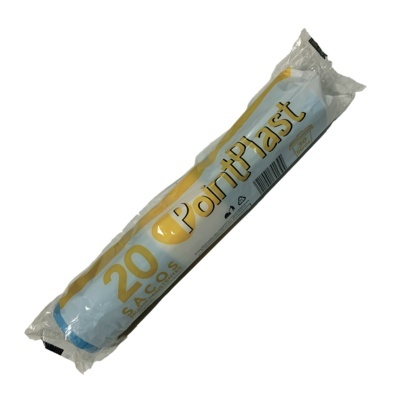 Pacote de 20 sacos de plástico PointPlast em embalagem branca com texto dourado e azul