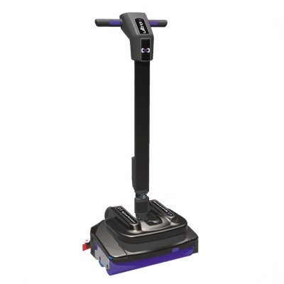 Máquina de limpeza robótica preta e roxa com ecrã no painel de controlo