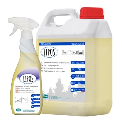 Produtos de limpeza LIPOS em pulverizador e bidão com rótulos azuis e brancos