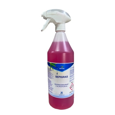 Frasco spray plástico com líquido vermelho e rótulo SEPIGRAS