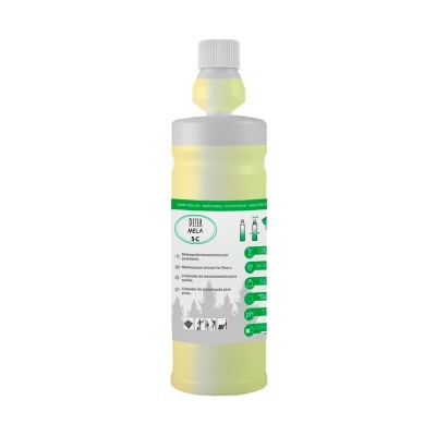 Frasco amarelo de detergente DIETA MELA 5-C com tampa branca e etiqueta verde e branca.