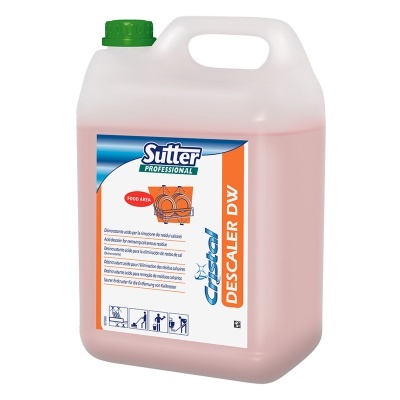 Recipiente plástico com líquido rosa e rótulo Sutter Professional Crystal DESCALER DW