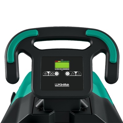 Painel de controlo preto e verde de equipamento com ecrã digital e pega arredondada