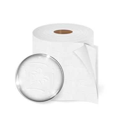 Rolo de papel de cozinha branco com padrão em relevo e lupa ao lado