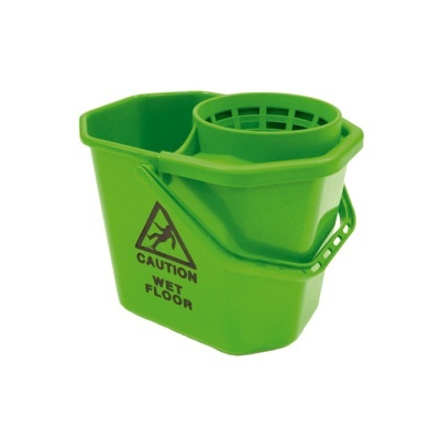 Balde plástico verde com aviso de piso molhado e suporte para esfregona