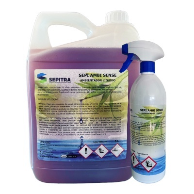 Ambientador líquido SEPI AMBI SENSE com embalagem em garrafa e garrafão, rótulos com texto e símbolos de perigo