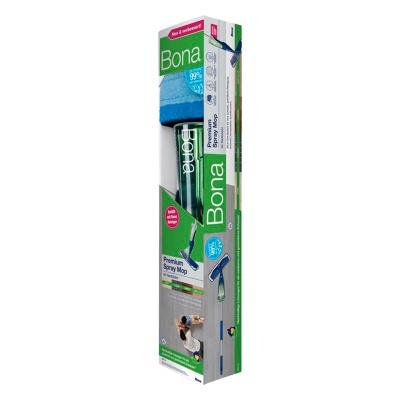 Mopa spray Bona em embalagem retangular com texto e imagens do produto