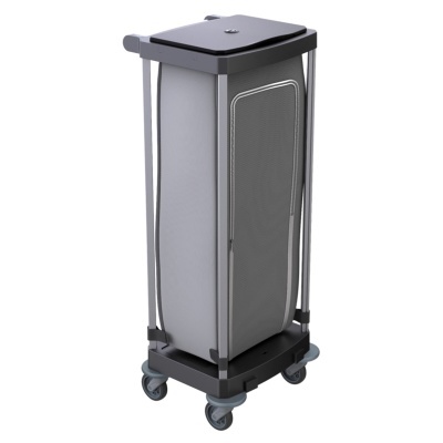 Carrinho organizador cinza com rodas e painel frontal de tecido