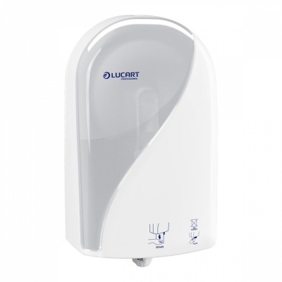 Dispensador de papel higiénico branco e cinza com texto LUCART PROFESSIONAL
