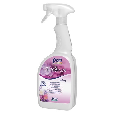 Frasco de spray desodorizante Pom Essence Spring com rótulo rosa.