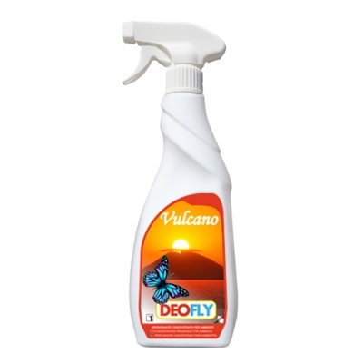 Frasco de spray branco com etiqueta colorida VULCANO DEOFLY