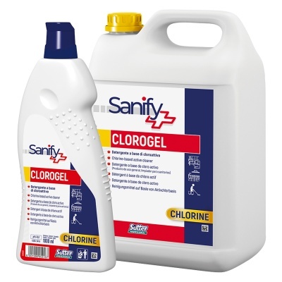 Dois recipientes de detergente Sanify Clorogel, branco com tampa azul e amarela