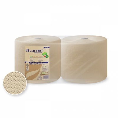 Dois rolos grandes de papel toalha bege da marca LUCART com embalagem e textura destacada