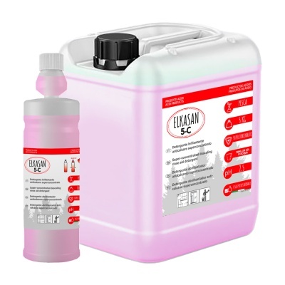 Frascos de líquido de limpeza ELKASAN 5-C cor-de-rosa, com rótulos informativos em português